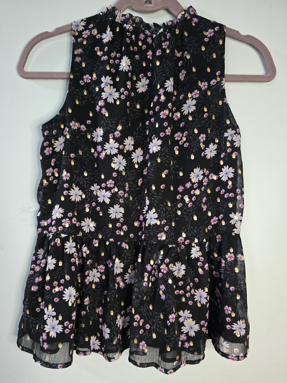 LOFT Petites P2XS Black Chiffon Floral Ruffle High Neck Sleeveless Blouse - Picture 9 of 15
